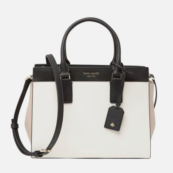 kate spade Handbags - Kate Spade Cameron Medium Satchel Shoulder Tote Bag White Beige Black Leather